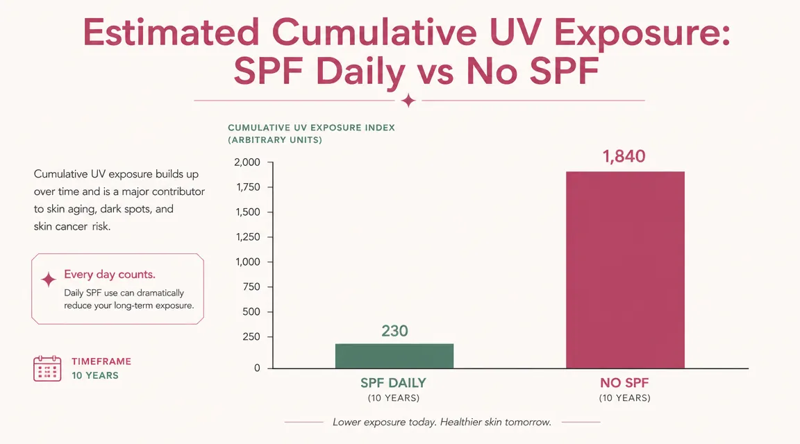 Simple chart showing UV damage accumulation over years with vs without daily SPF