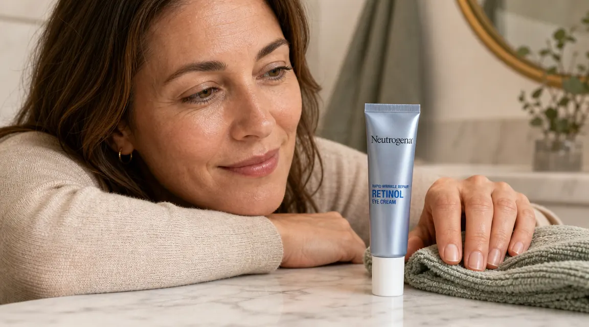 Neutrogena Rapid Wrinkle Repair Retinol Eye Cream tube and jar on a marble surface
