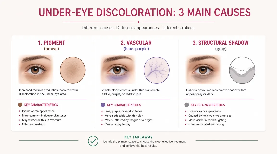 Diagram showing the three main causes of dark circles: pigment, vascular, and structural shadow