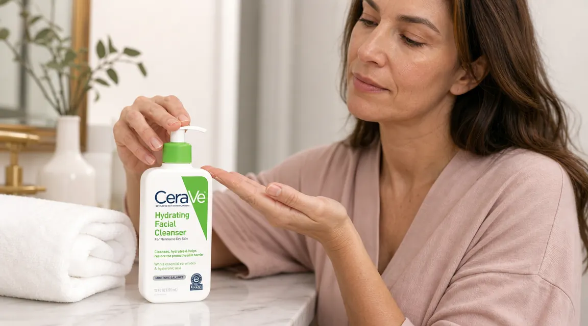 CeraVe Hydrating Facial Cleanser pump bottle beside a folded white towel on a marble countertop