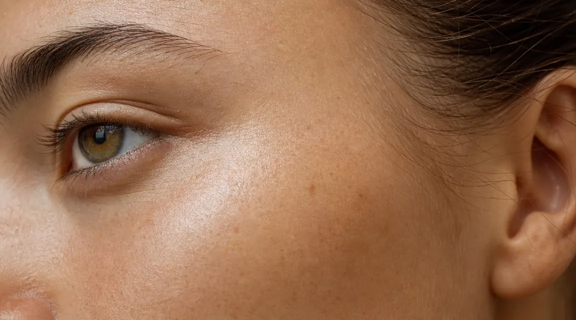 Close-up of healthy glowing skin texture on cheek and forehead
