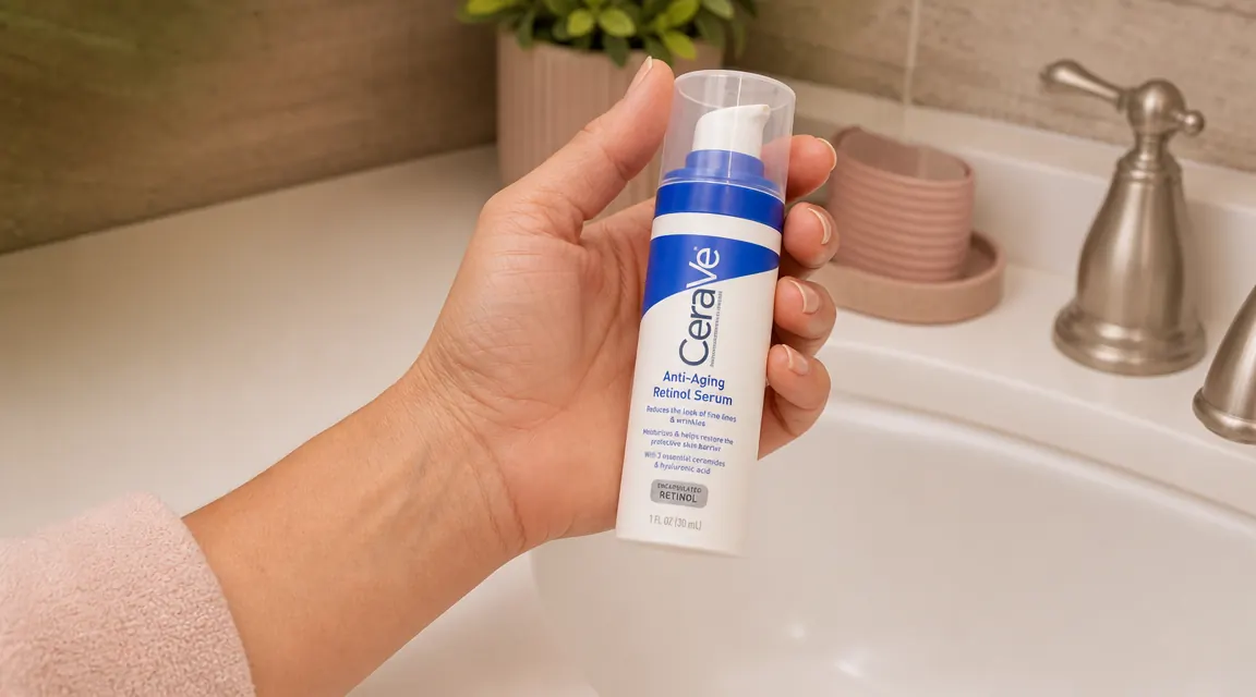 CeraVe Retinol Serum bottle held in palm next to a bathroom sink