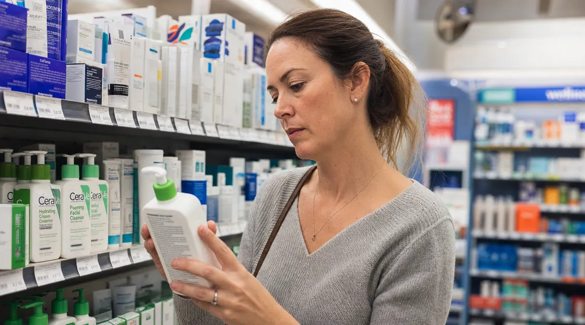 Woman reading product label on a cleanser bottle in a pharmacy aisle, looking thoughtful