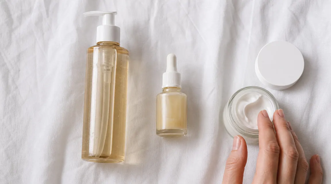 A serene skincare routine laid out flat on a white surface: cleanser, retinol serum, moisturizer, in a neat row