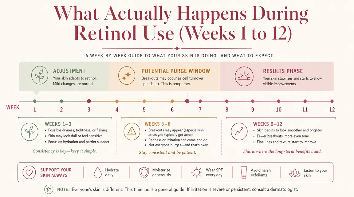 Chart showing the typical retinol adjustment timeline: initial calm, purge window, and results phase across 12 weeks