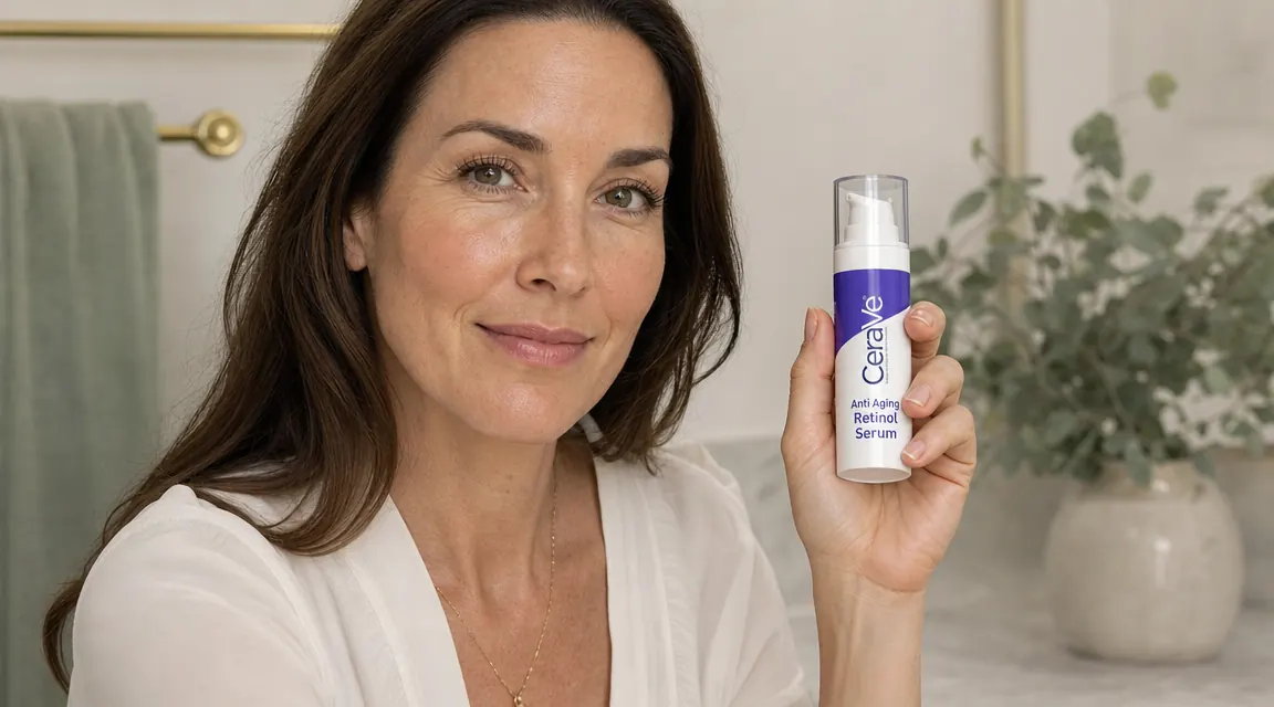 CeraVe Anti Aging Retinol Serum bottle held in palm, dispenser pump visible
