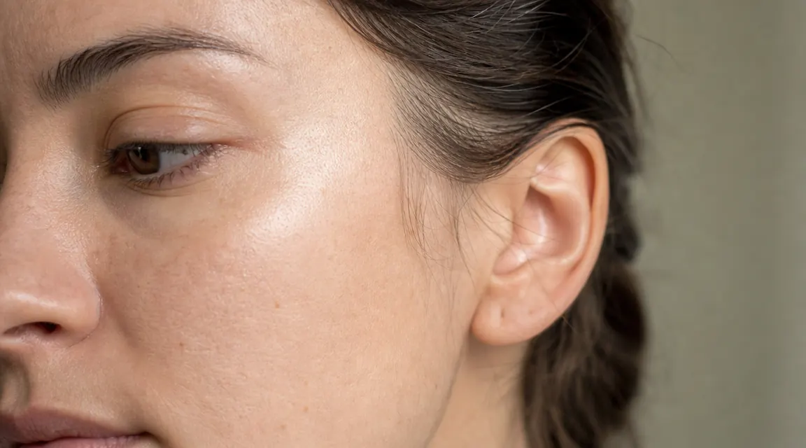Close-up of woman's cheek and forehead skin in morning light, smooth texture