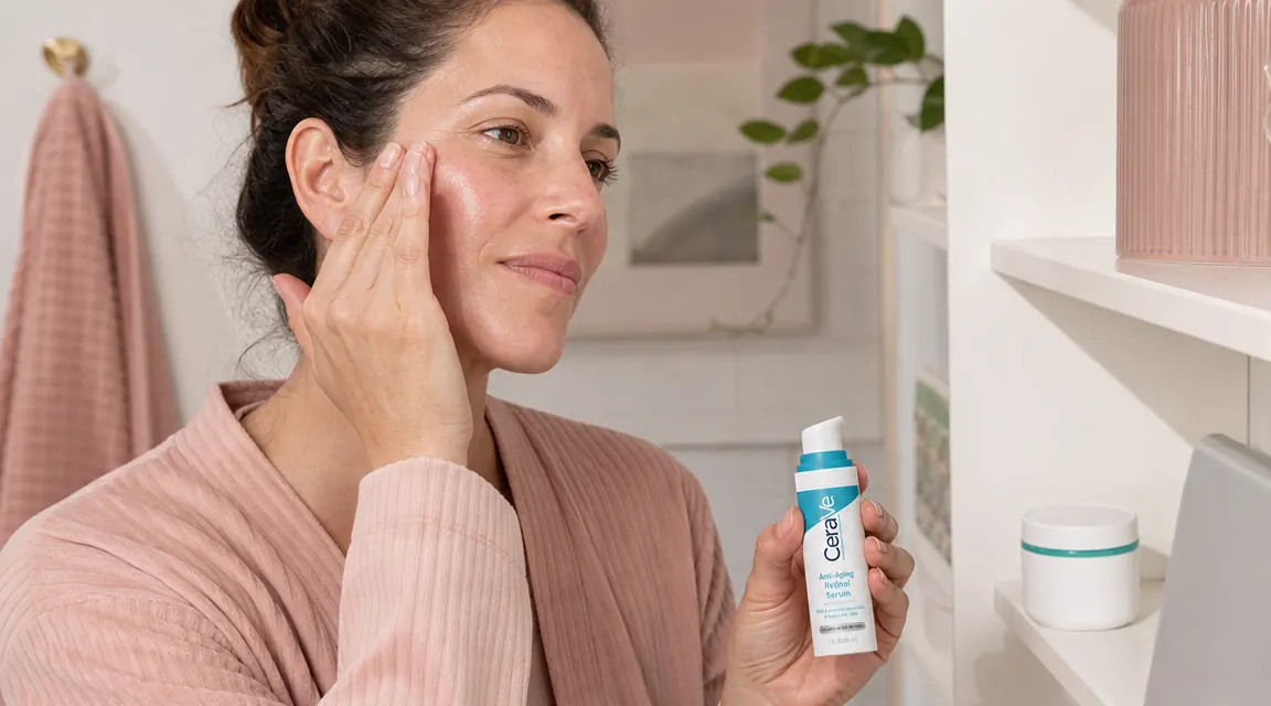 CeraVe retinol serum pump bottle on bathroom shelf next to a moisturizer