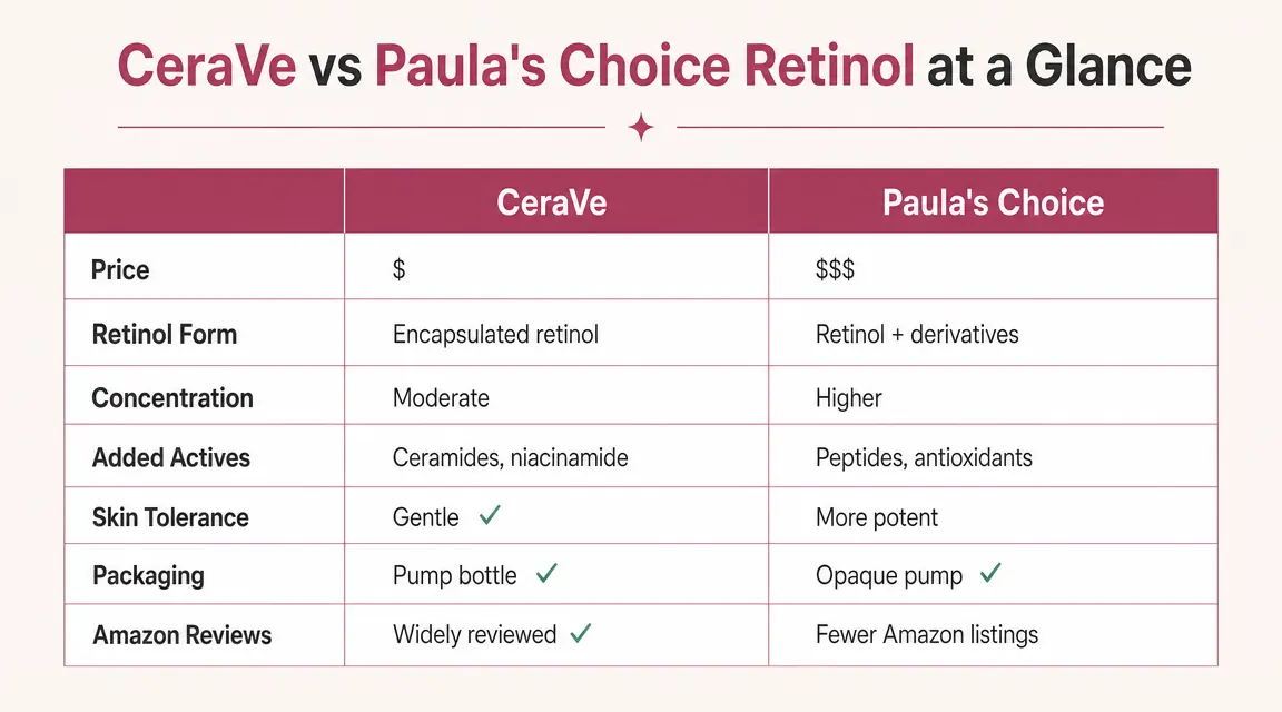 Side-by-side comparison chart of CeraVe and Paula's Choice retinol serums across price, retinol form, and skin tolerance categories