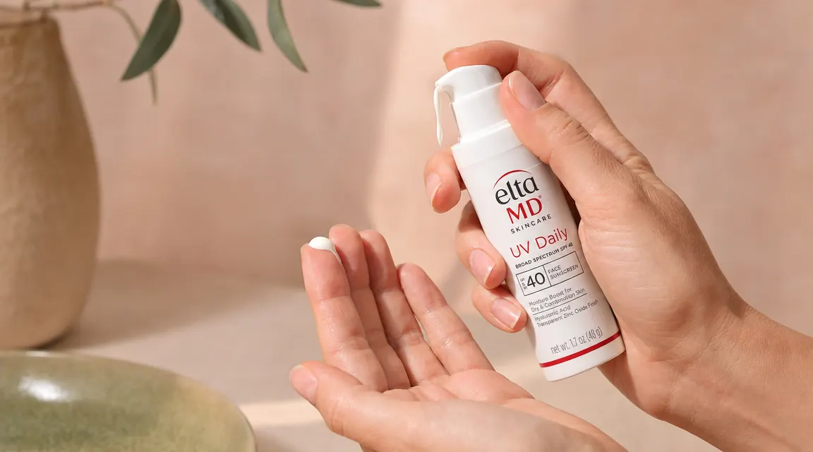 Hand holding small white EltaMD UV Daily pump bottle against a light blush background