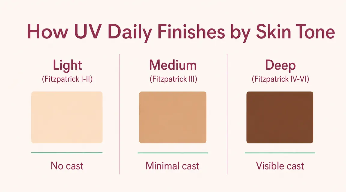 Side-by-side chart comparing how EltaMD UV Daily looks on three skin tone ranges, from light to deep