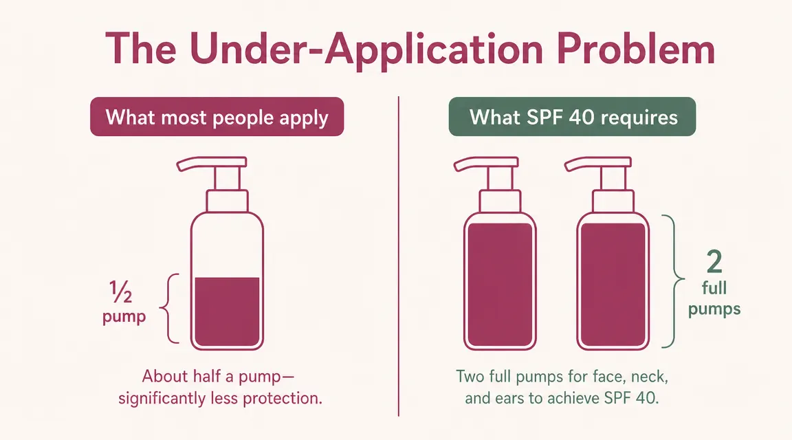 Two side-by-side images showing a face with correct sunscreen application versus under-application, visible coverage difference