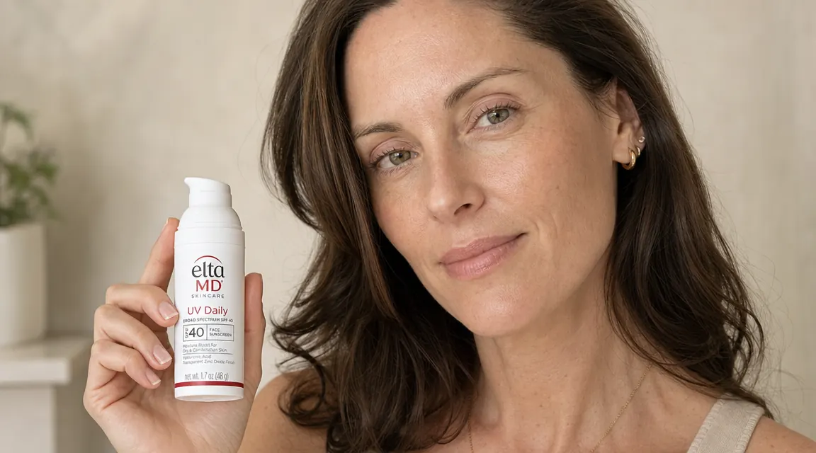 EltaMD UV Daily SPF 40 pump bottle held in a hand against a cream-colored background