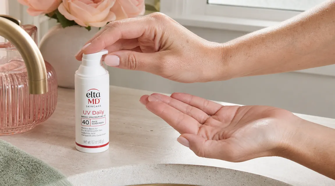 Hand applying a small pump of EltaMD UV Daily sunscreen to fingertips before spreading on face