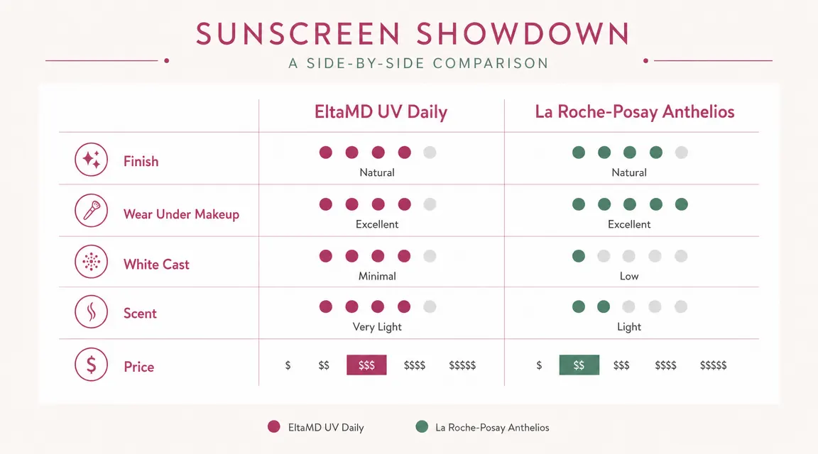 Comparison chart showing EltaMD UV Daily and La Roche-Posay Anthelios rated across five categories: finish, wear under makeup, white cast, scent, and price