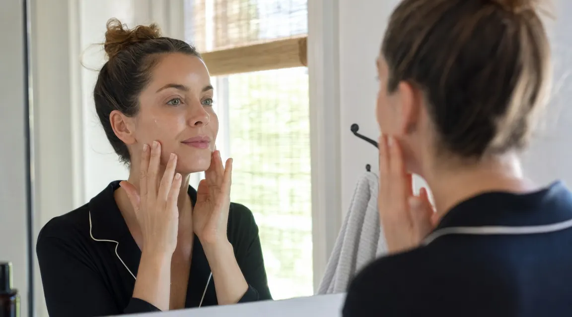 Woman with healthy glowing skin applying sunscreen in a bright bathroom mirror, morning skincare routine