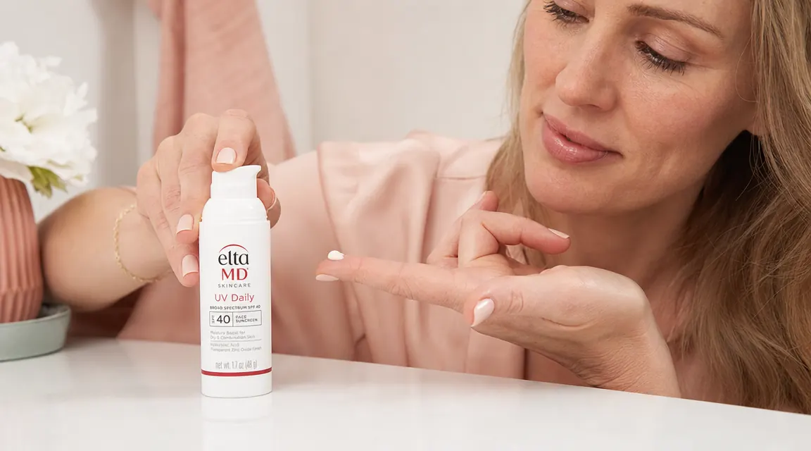 Hand holding an EltaMD UV Daily sunscreen bottle, pressing a pump, with skin visible in background