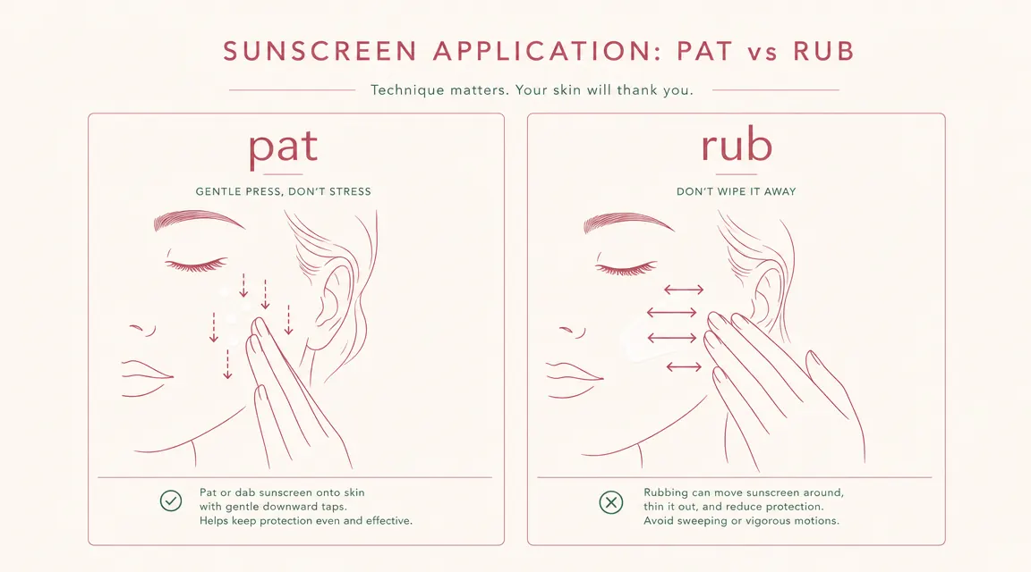 Diagram showing the correct patting technique for applying sunscreen versus rubbing, with arrows
