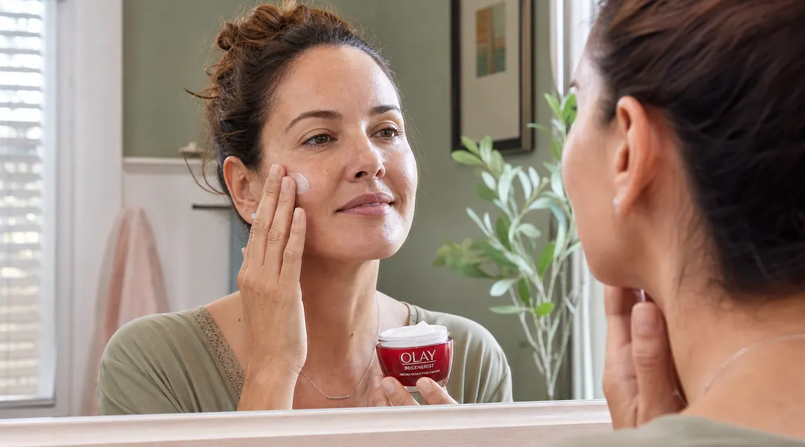 Woman applying moisturizer in gentle upward strokes on clean skin, reflected in a bathroom mirror