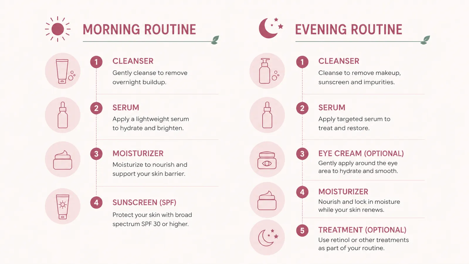 Chart showing a simple two-column morning and evening skincare routine with step labels and timing