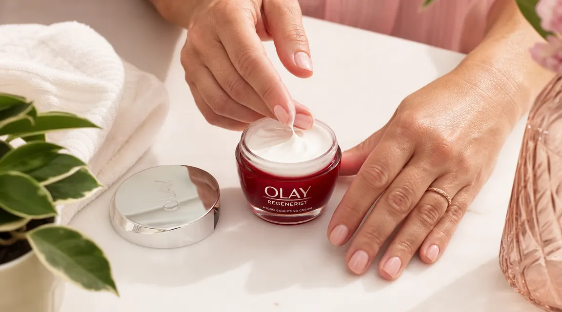 Olay Regenerist moisturizer jar on a white surface next to a small green plant and a folded white towel
