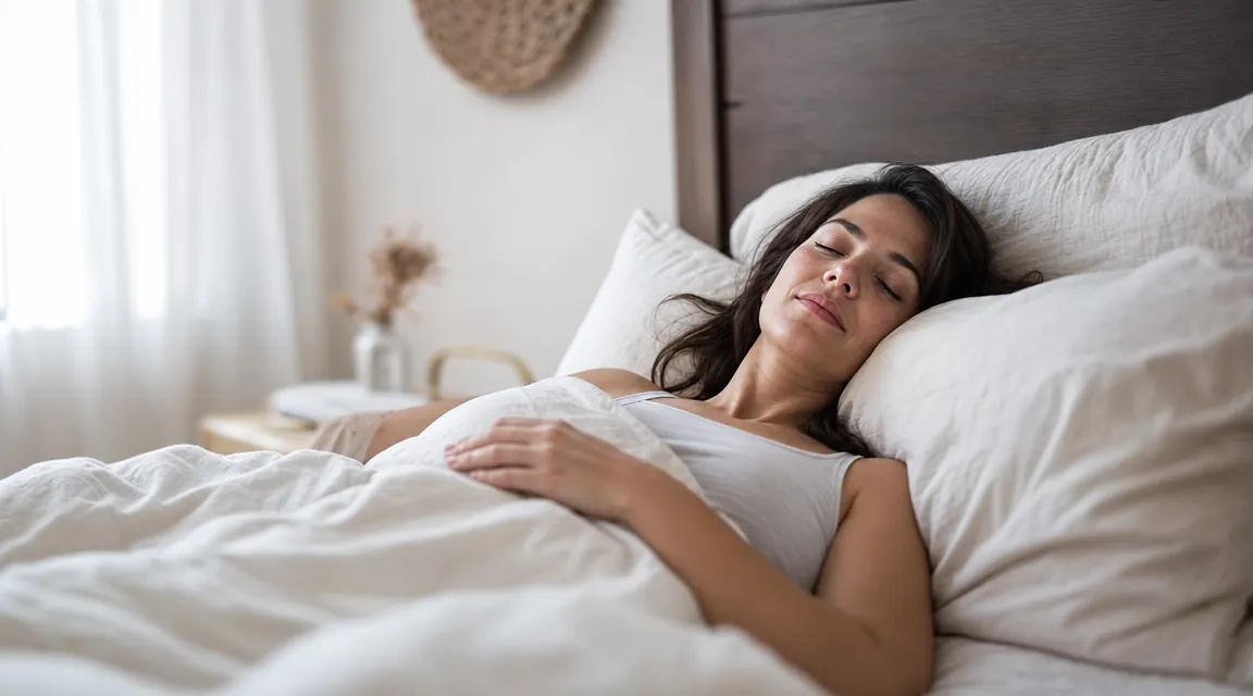 Woman sleeping comfortably on her back with head slightly elevated on two pillows in a bright bedroom