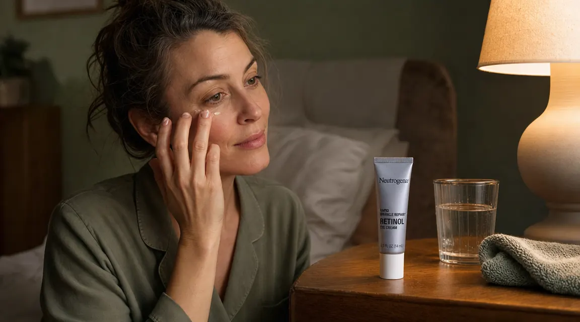 Small tube of Neutrogena Rapid Wrinkle Repair eye cream next to a cotton pad and a glass of water on a nightstand