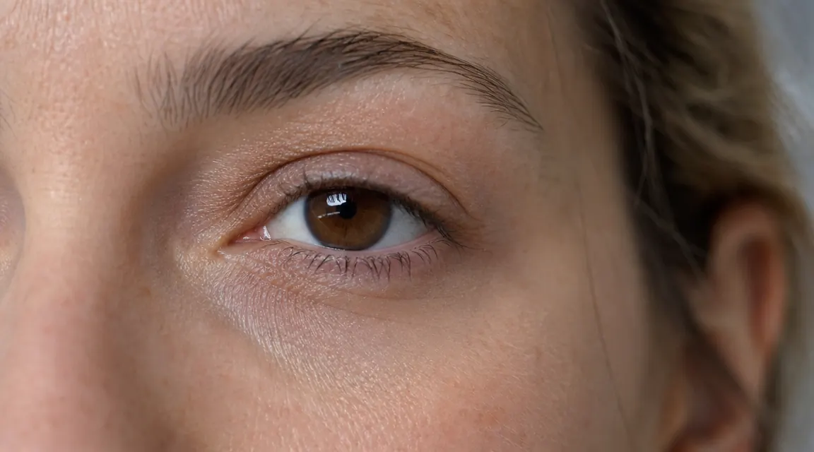 Close-up of a woman's under-eye area showing smooth, hydrated skin in natural daylight