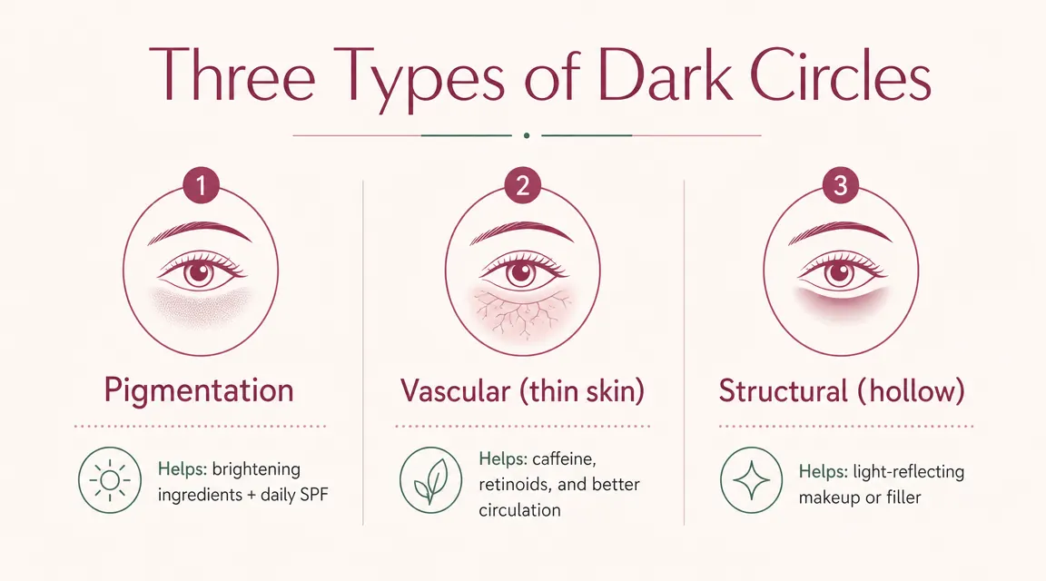Diagram showing three types of dark circles and which products address each one, with labeled icons