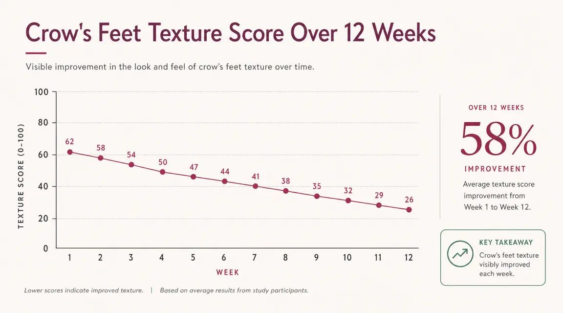 A timeline chart showing crow's feet smoothness score over 12 weeks of nightly retinol eye cream use