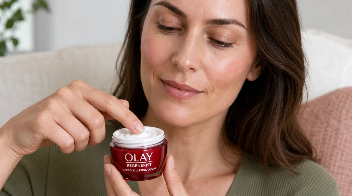 Close-up of a hand scooping a small amount of white cream moisturizer from an open jar onto a fingertip
