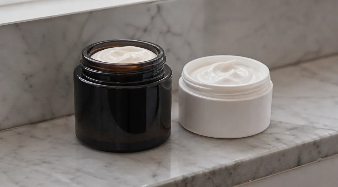 Two moisturizer jars side by side on a bathroom shelf, one luxury brand and one drugstore brand, showing the size difference for the same price range