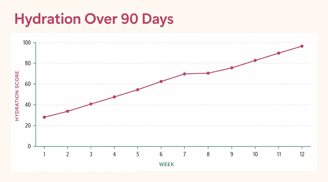Simple line chart showing skin hydration score over 90 days, labeled Week 1 through Week 12, with a gradual upward curve